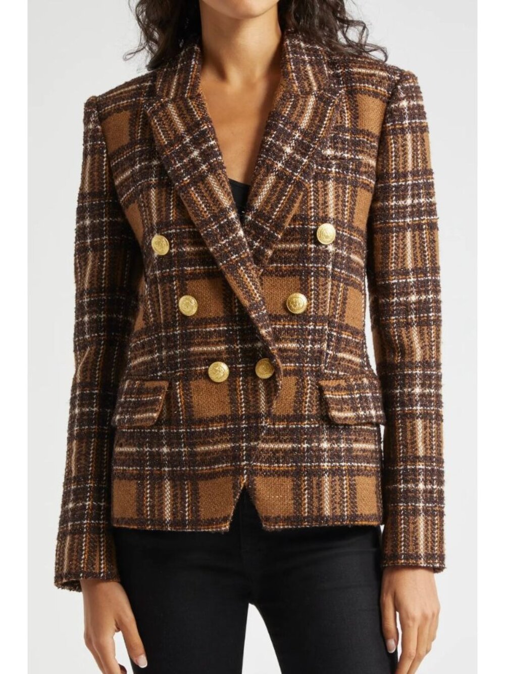 NWT L'AGENCE Plaid Kenzie Double Breasted Blazer Jacket Brown Size 4